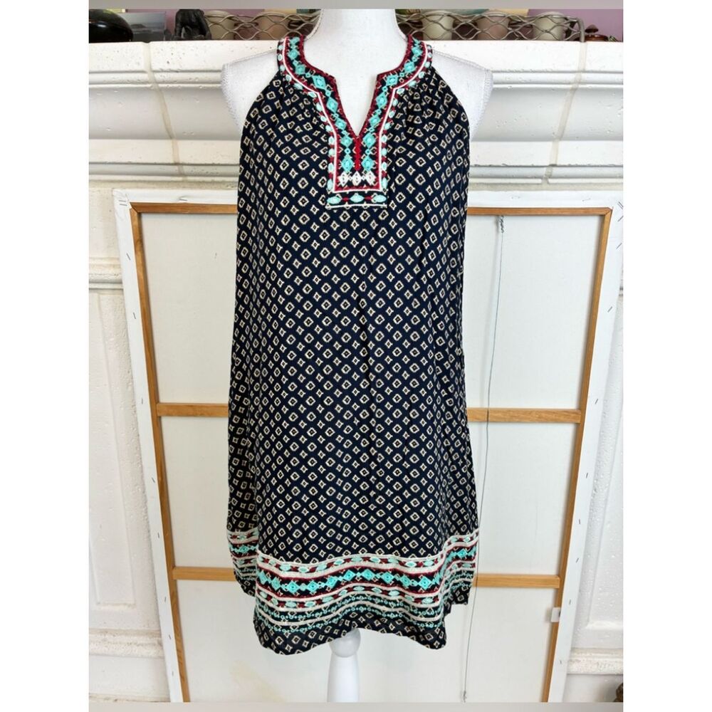 THML Sleeveless V neck Printed Shift Dress with Tribal Embroidery